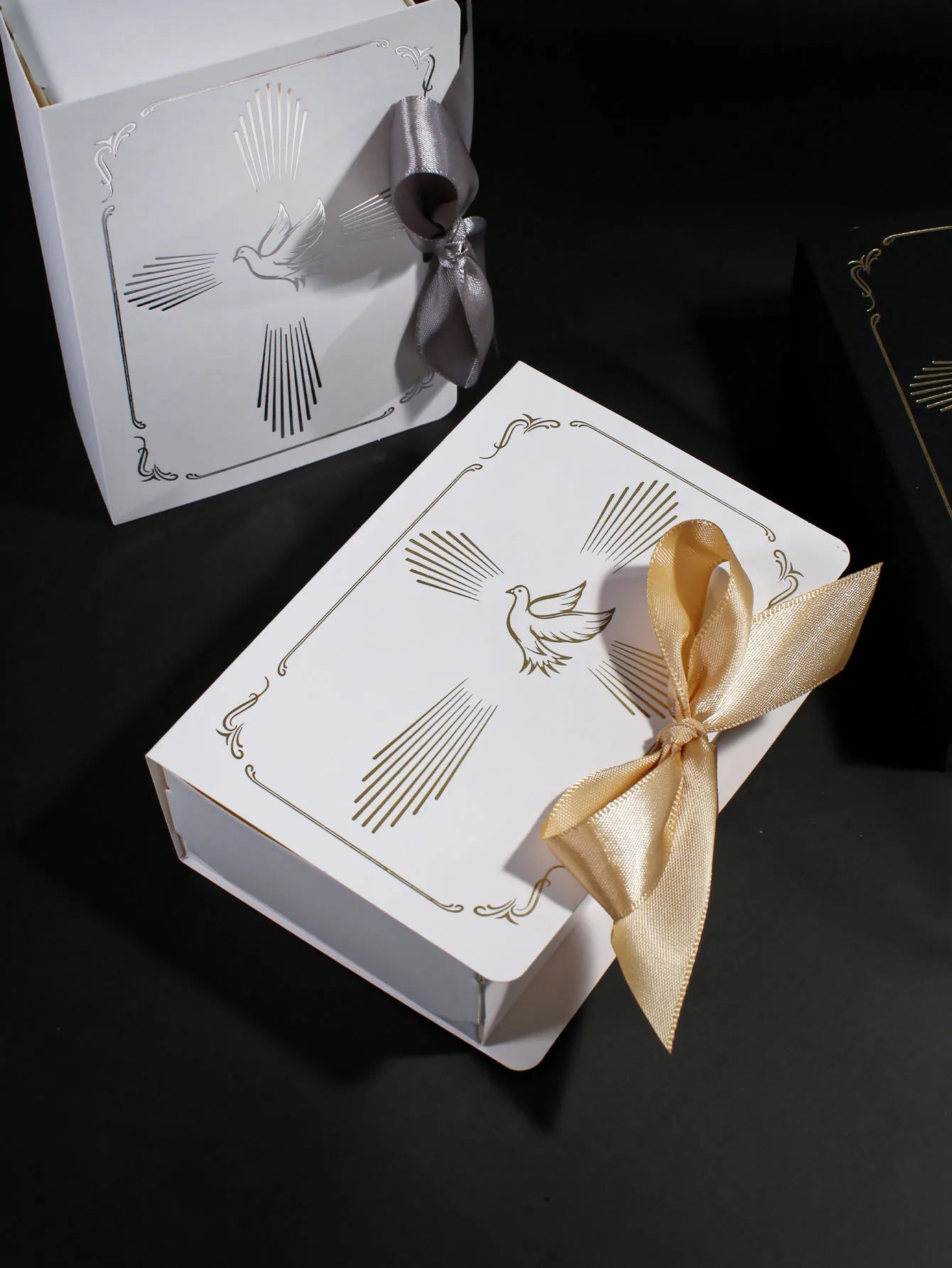 Christian baptism gift box, gold and silver ribbons, a dove in the cross pattern, baptism candy box, sacred baptism