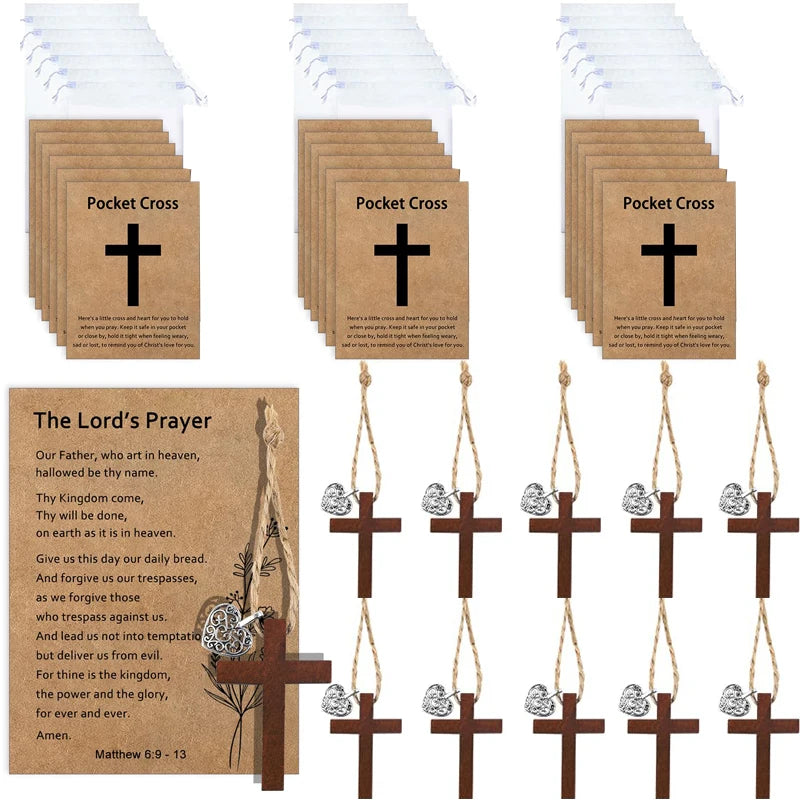 12 Set Cross Christian Party Favors Wooden Pocket Cross Charm Christian Religious Gifts Faith Based Comfort Baptism Gift