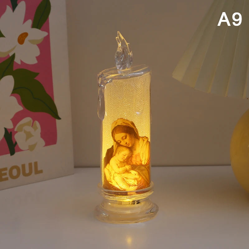 Flameless LED Prayer Candle with Jesus & Virgin Mary - Decorative Religious Night Light for Home Altar or Gift