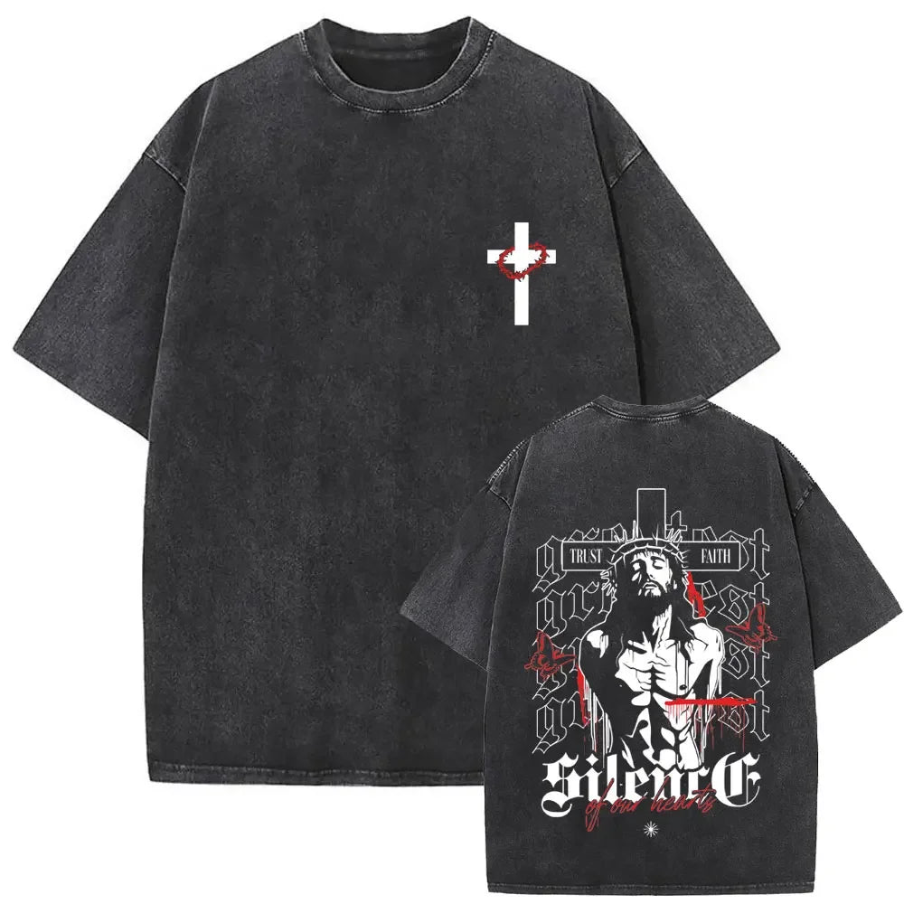 Christian Religious Jesus Forgive Them Father Vintage Washed T-shirt Men Women Gothic Rock Oversized T Shirts Tops Streetwear