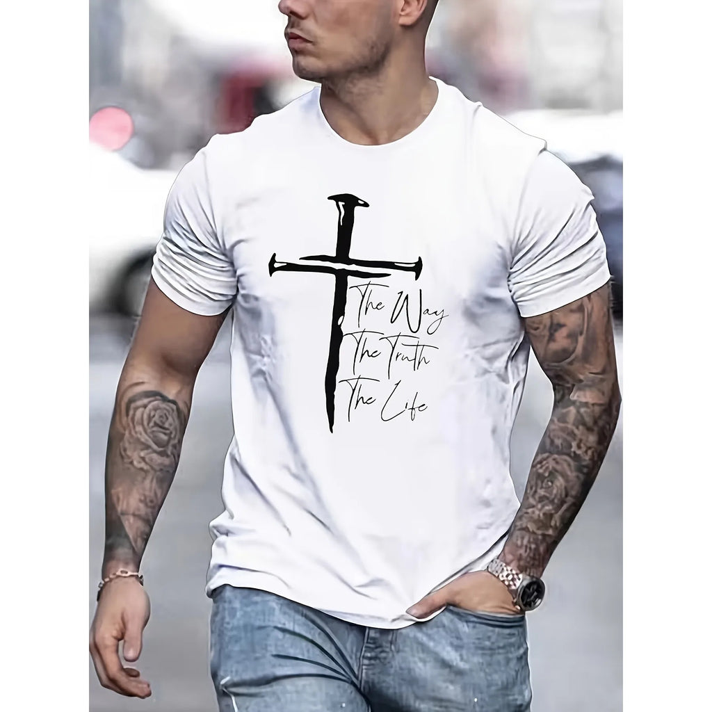 Christian Cross T-Shirt Men's Graphic Tee Religious Faith Statement O-Neck Short Sleeve Casual Top