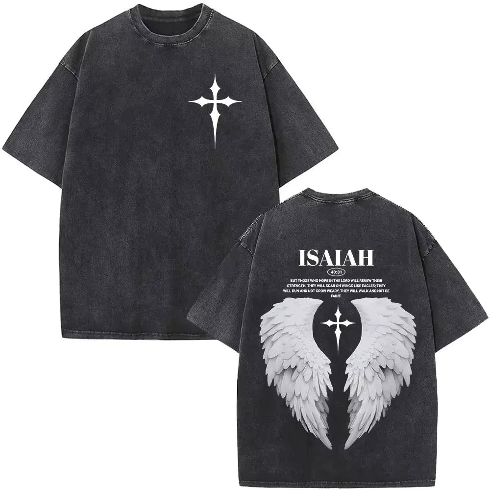 2026 new Christianity-themed patterned printed vintage washed water buffalo denim T-shirt  Fashion hip-hop short-sleeved T-shirt