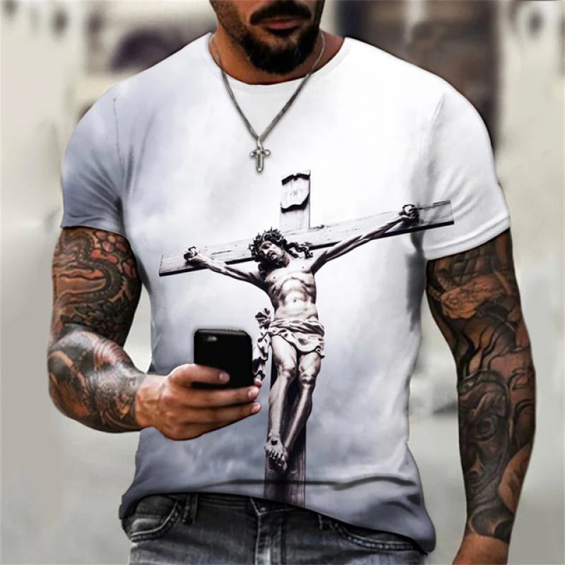 3D Print Christian T Shirts Oversized Tee Shirt Gothic Jesus Christ Cross O-Neck Tops Vintage Hip Hop Short Sleeve Men Clothing