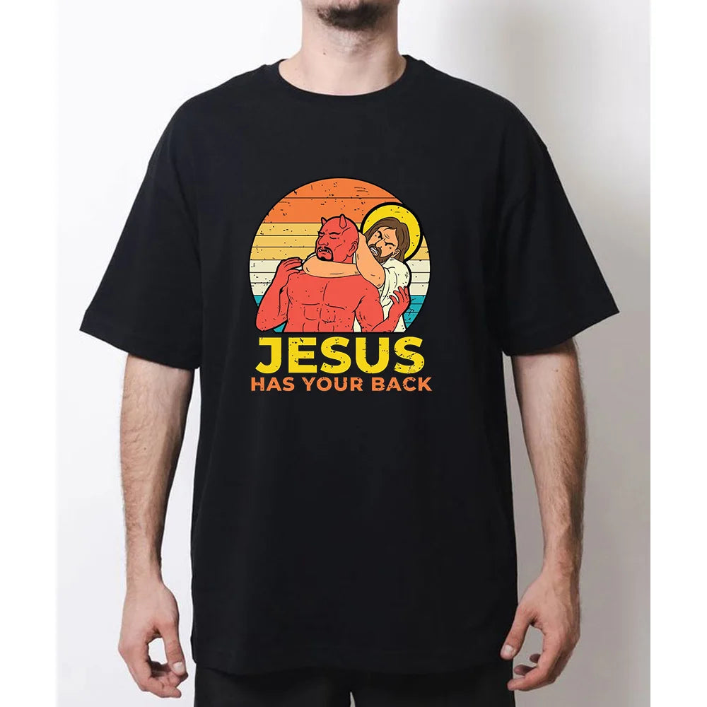 Jesus Has Your Back Jiu Jitsu Retro Christian Funny T-shirt Woman Man Summer O-neck Breathable Graphic T Shirts Casual Tops
