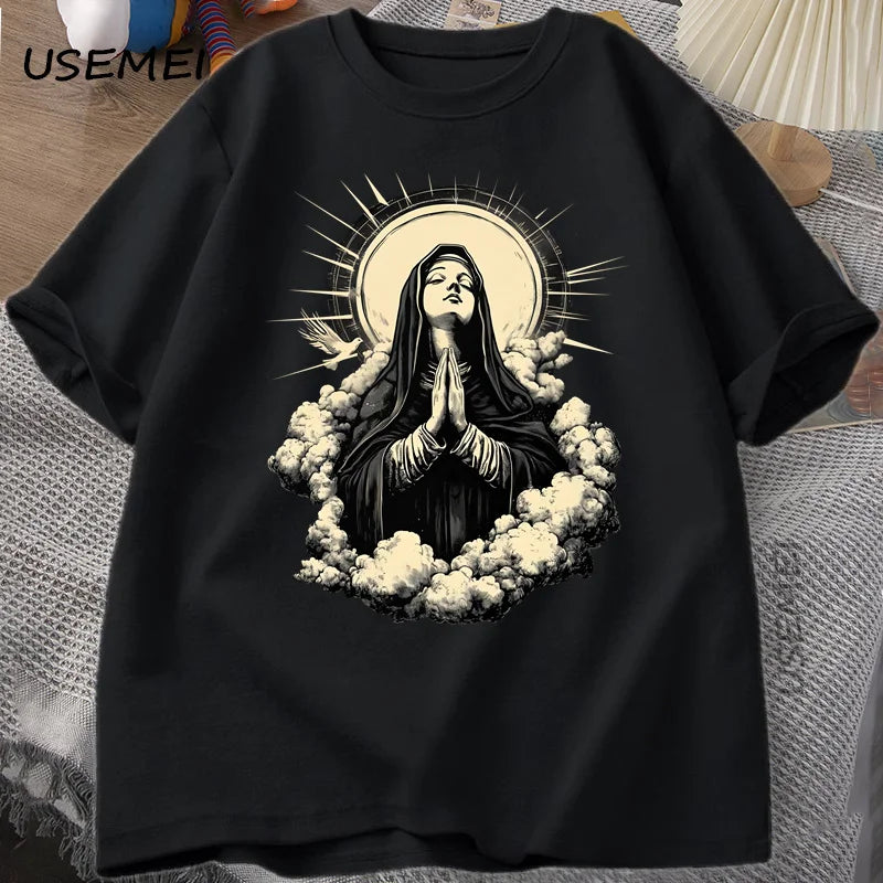 Christian T Shirt Virgin Mary Graphic Tshirt Faith Unisex Tee Christmas or Easter T-shirt Tee Shirt Cotton Short Sleeve Clothes