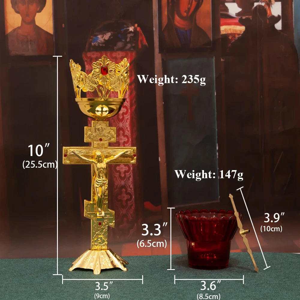 Christian Oil Lamp with Chalice and Crucifix, Zinc Alloy Red Glass Wick Holder, Religious Home Altar, Church Decor
