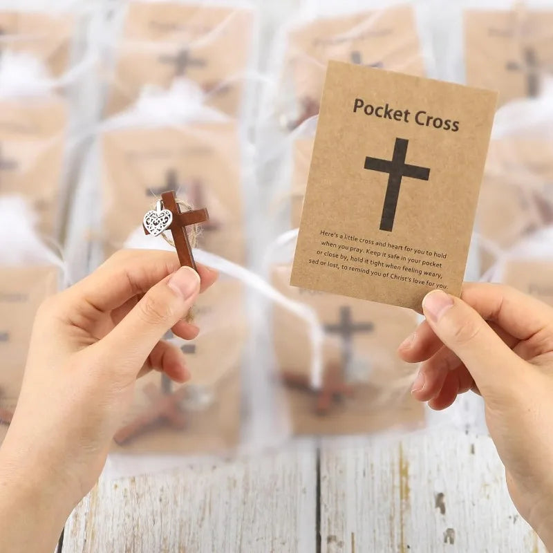 12 Set Cross Christian Party Favors Wooden Pocket Cross Charm Christian Religious Gifts Faith Based Comfort Baptism Gift
