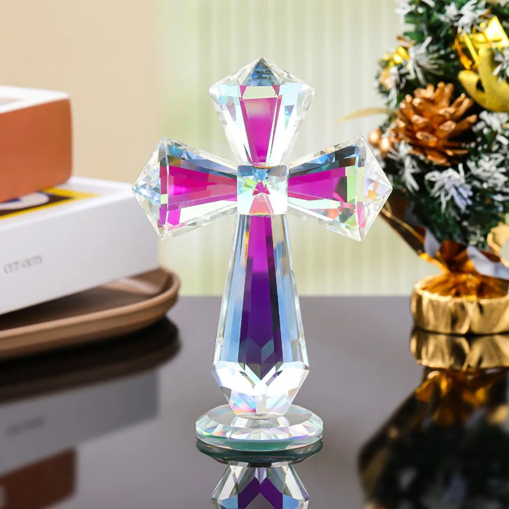 Creative AB Color Crystal Cross Ornament Standing Handmade Christian Cross Crafts Exquisite Crosses Figurine Religious Gift