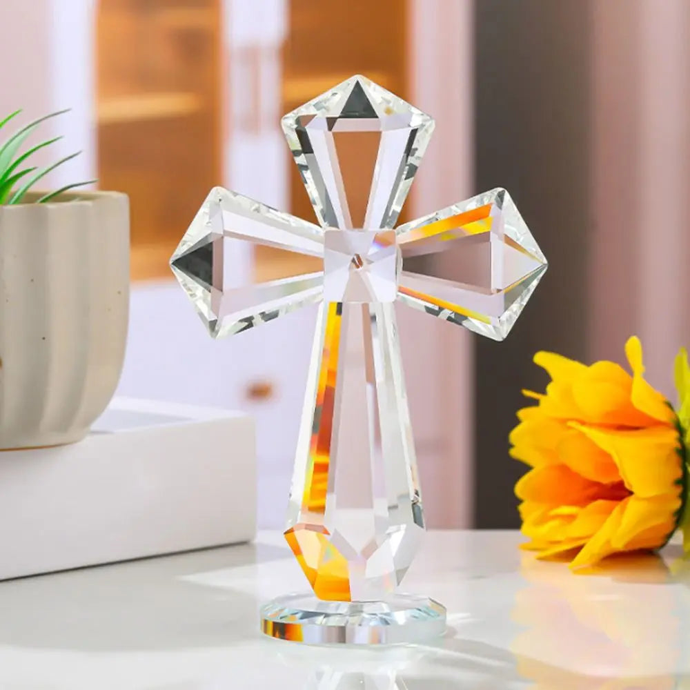 Creative AB Color Crystal Cross Ornament Standing Handmade Christian Cross Crafts Exquisite Crosses Figurine Religious Gift