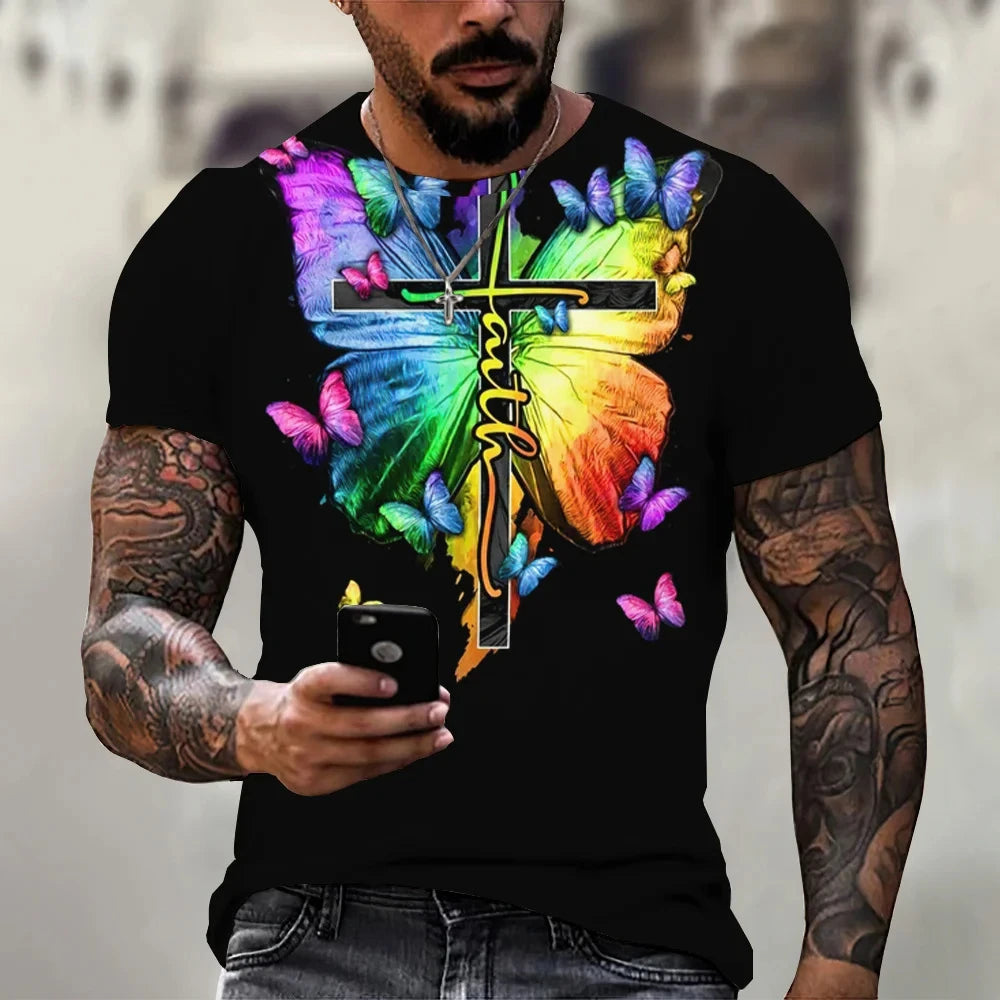 Christian T Shirts Oversized Tee Shirt Gothic Jesus Christ Cross 3D Print O-Neck Tops Vintage Hip Hop Short Sleeve Men Clothing