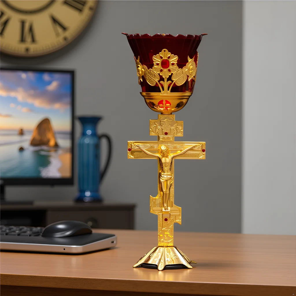 Christian Oil Lamp with Chalice and Crucifix, Zinc Alloy Red Glass Wick Holder, Religious Home Altar, Church Decor