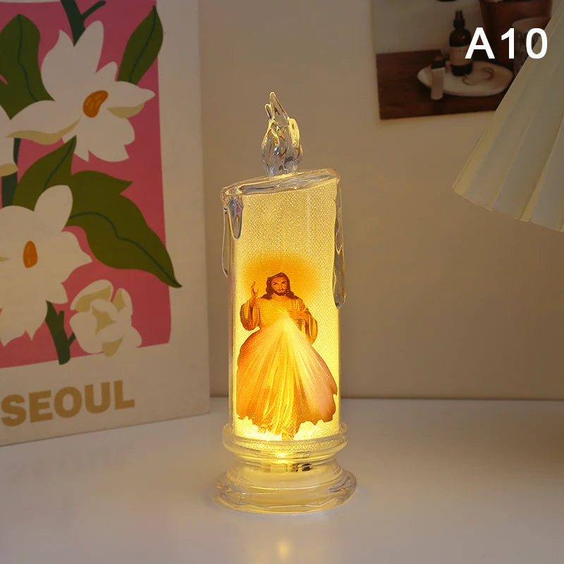 Flameless LED Prayer Candle with Jesus & Virgin Mary - Decorative Religious Night Light for Home Altar or Gift