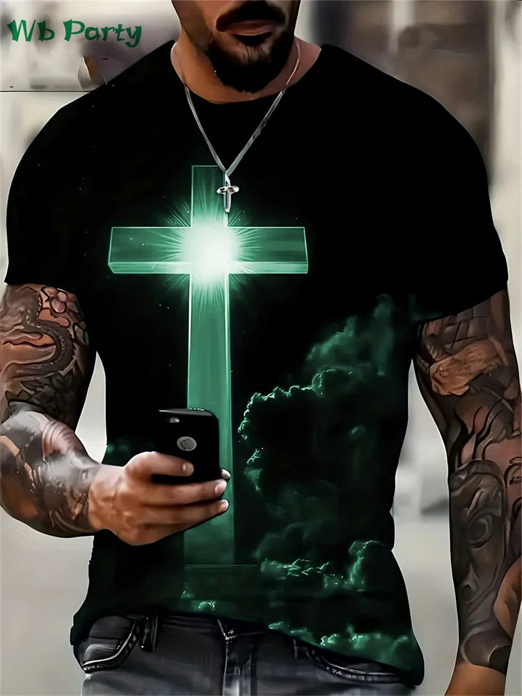 Fashion Crucifix Print Mens Clothing Round Neck T-shirts for Men Casual Loose Men's Clothing Street Crucifix Graphic T shirts