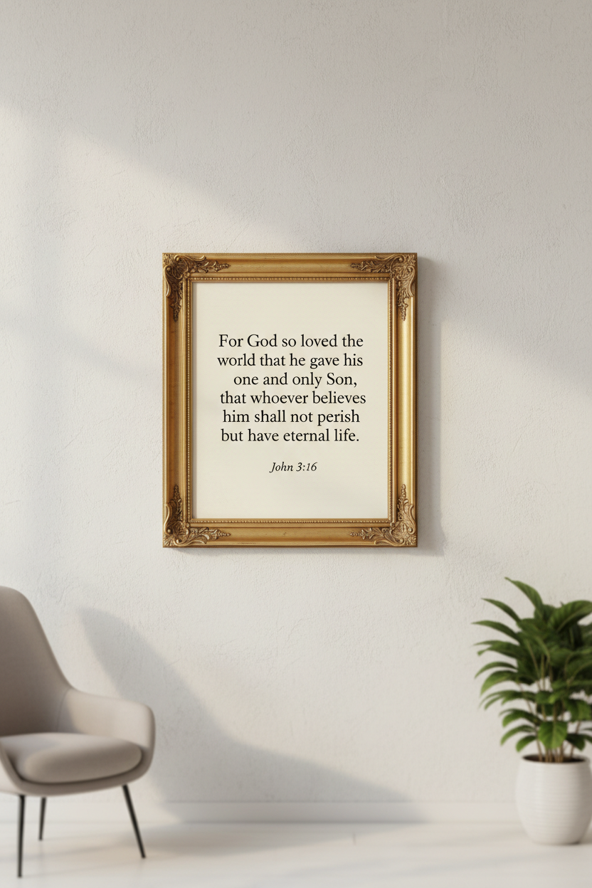 Framed wall art print featuring John 3:16 scripture verse